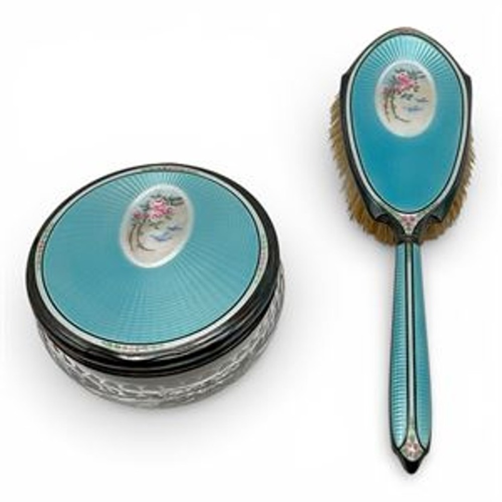Foster & Bailey 1923 Guilloché Enamel & Sterling Silver Hair Brush & Crystal Jar